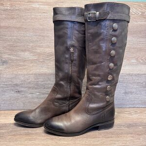 Arturo Chiang Women Riding Boot Knee High Buckle Strap Button Side Zip Greystone